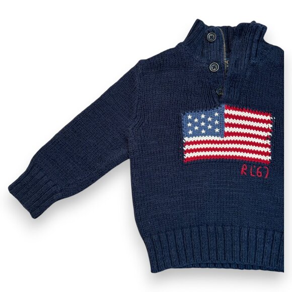Ralph Lauren POLO Toddler USA American Flag Knit Quarter Zip Retro Sweater 2 2T - Picture 2 of 11